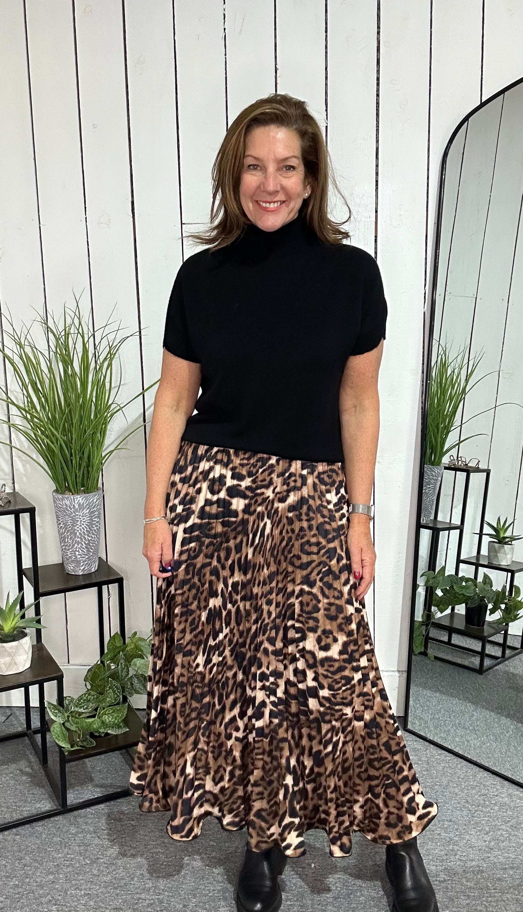 Satin Leopard Pleat Skirt