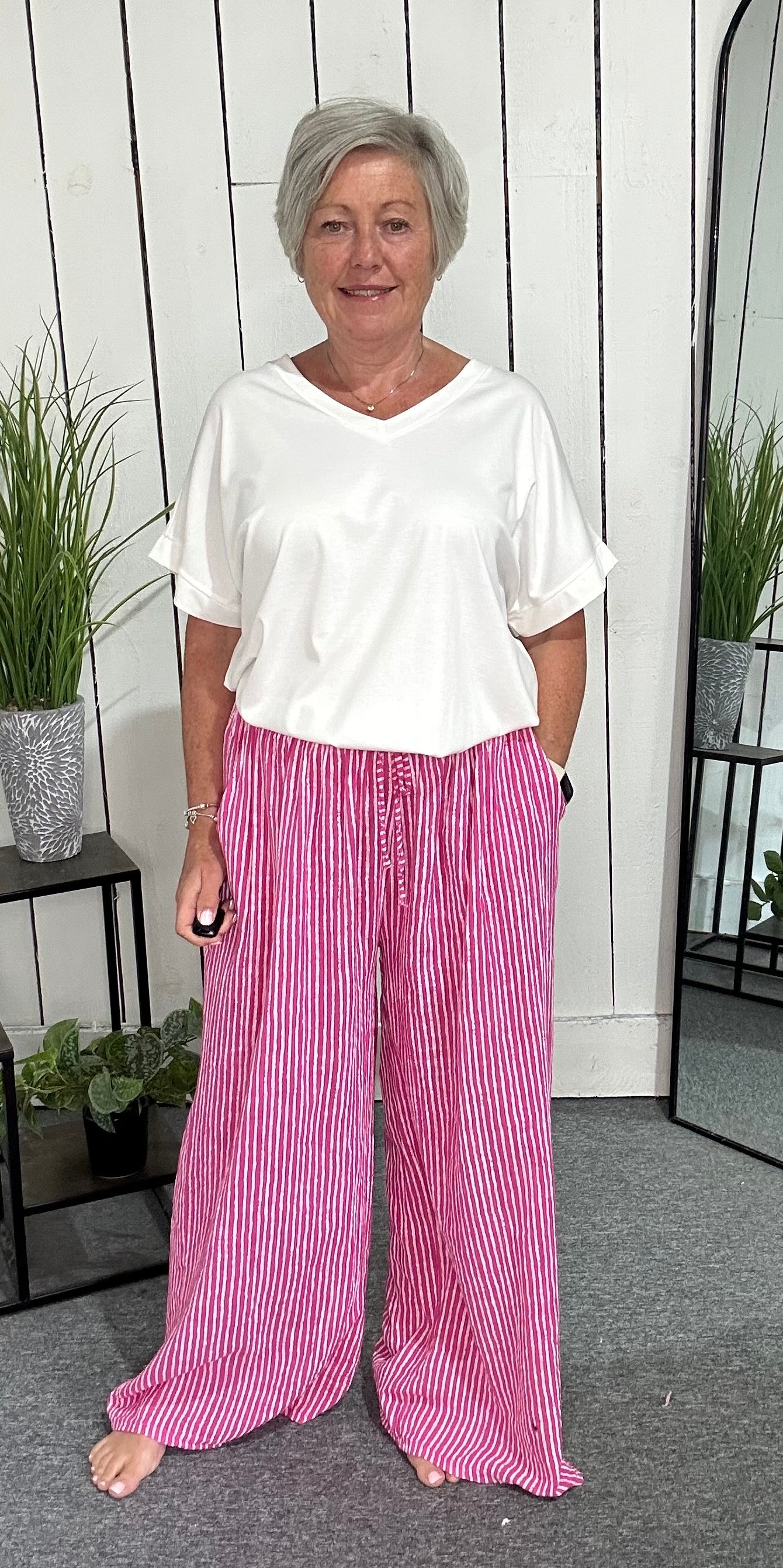 Pinstripe Cotton Wide Leg Trousers