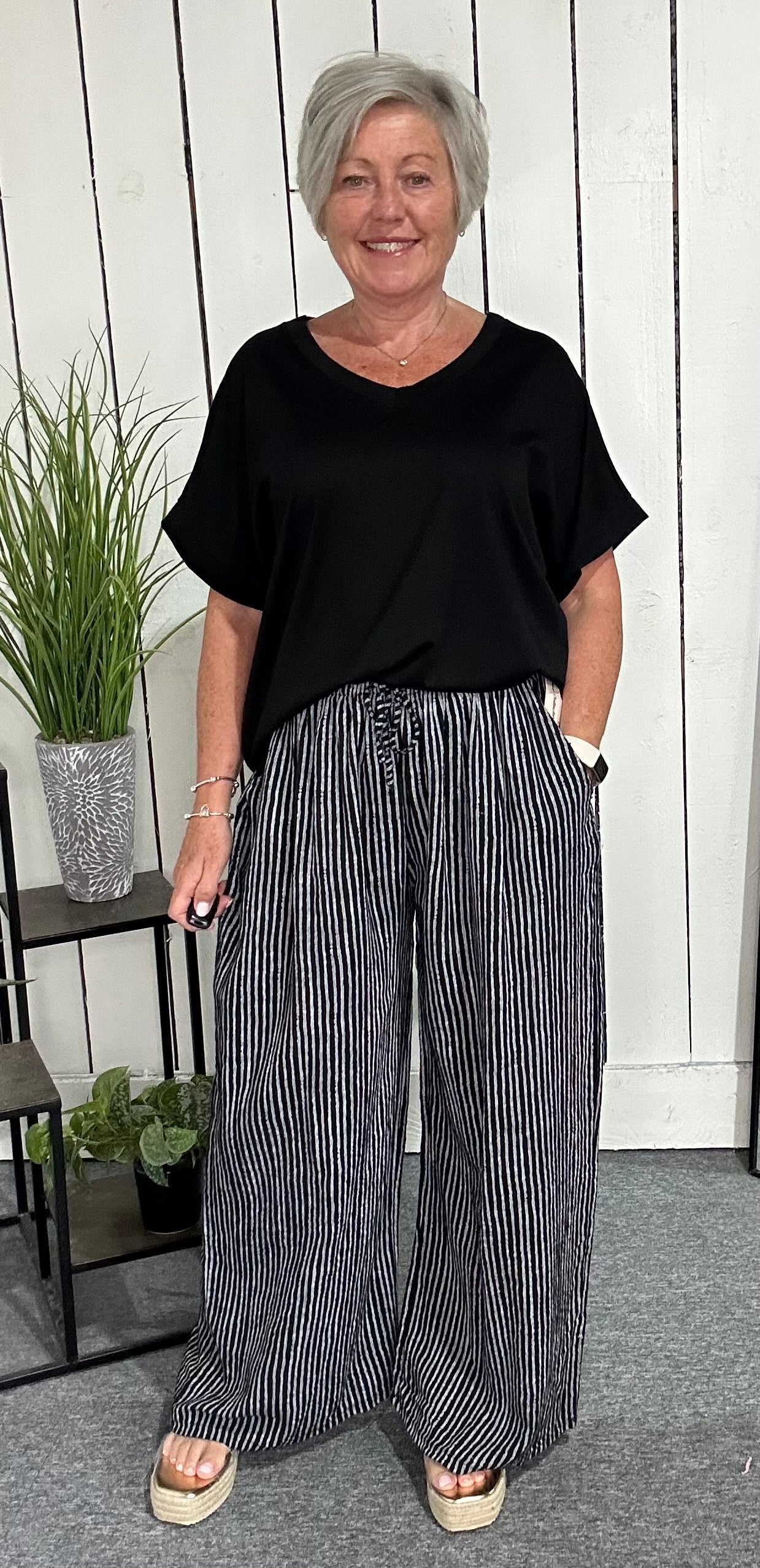 Pinstripe Cotton Wide Leg Trousers