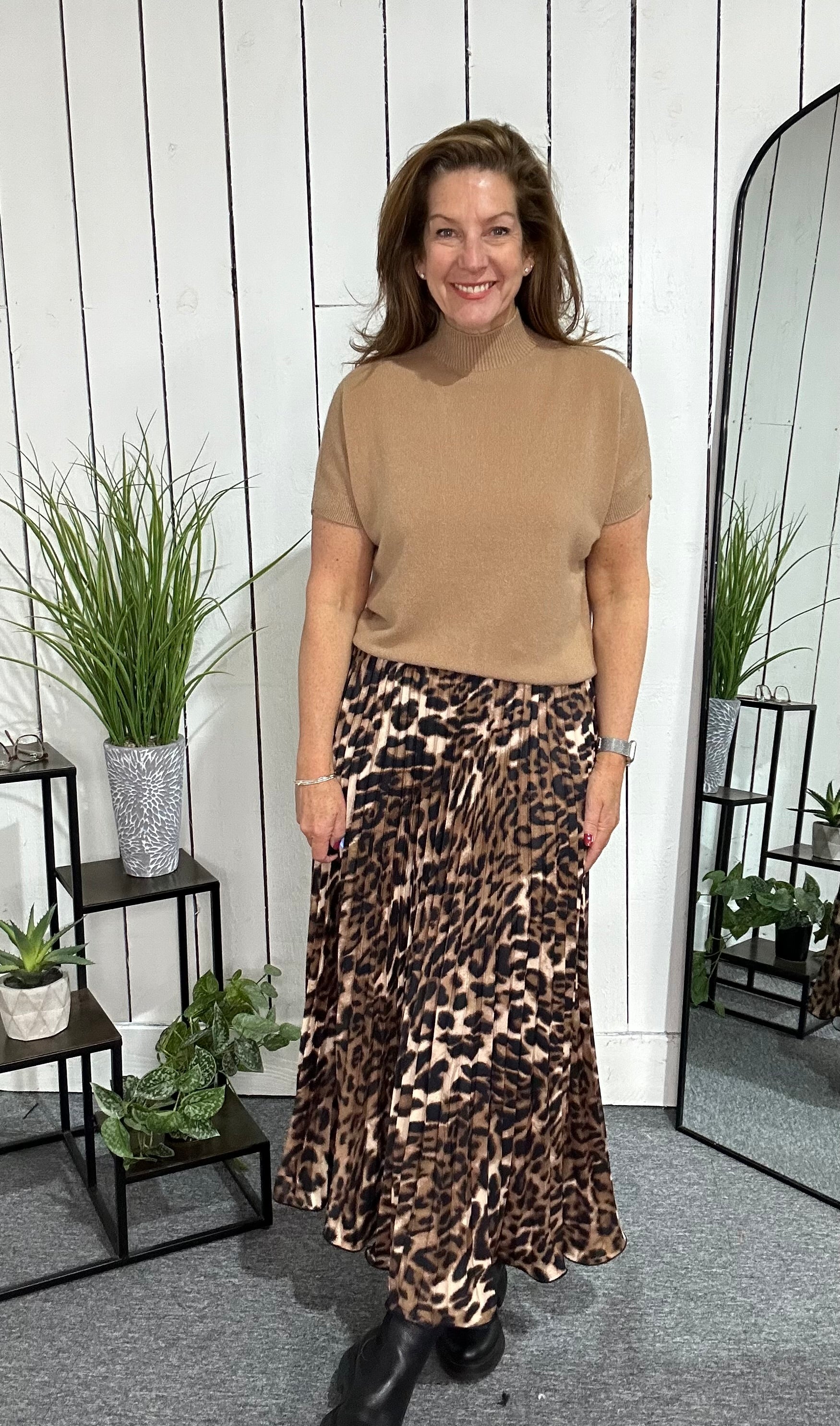 Satin Leopard Pleat Skirt
