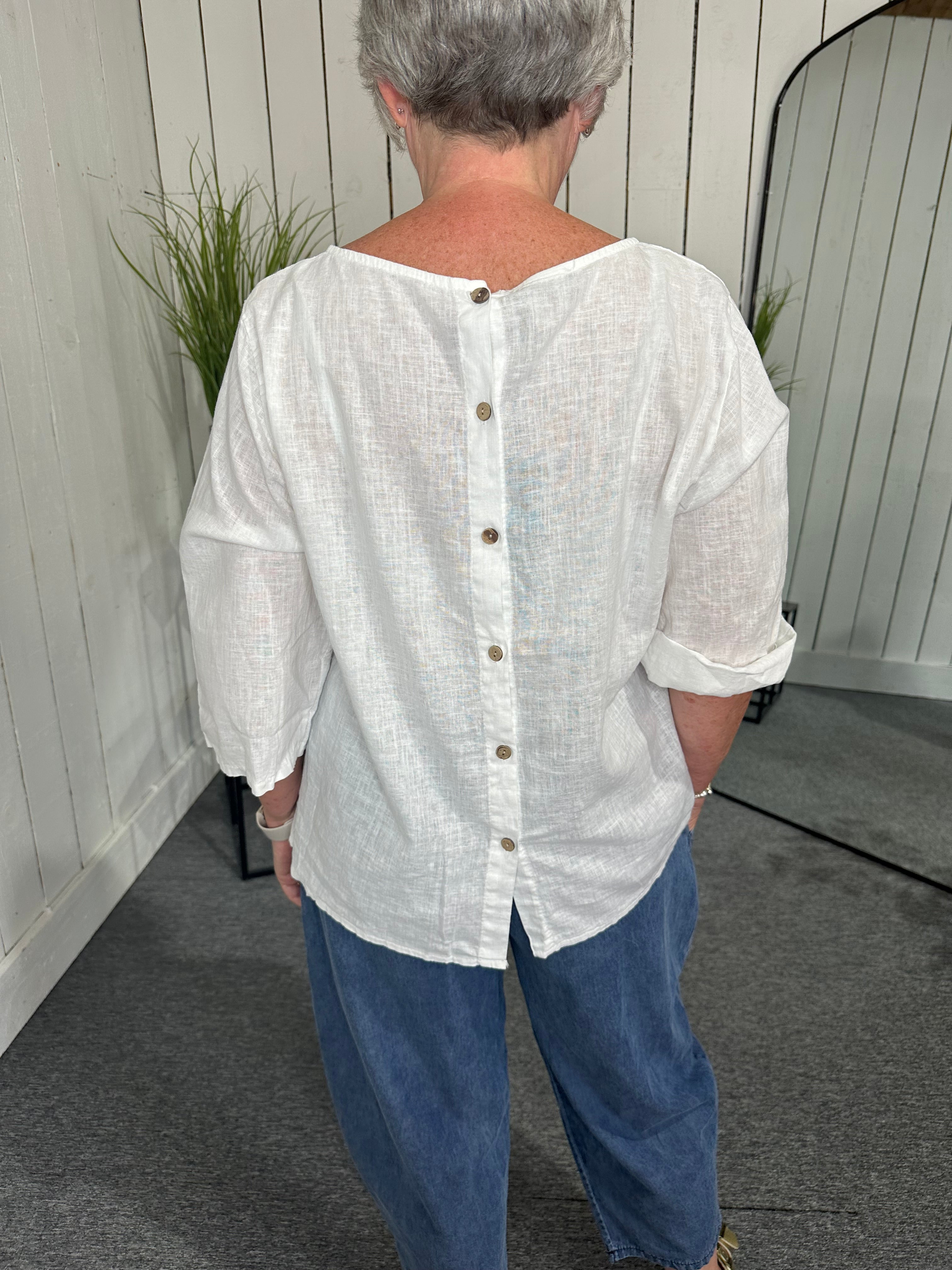 Linen Mix Button Back Top